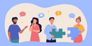 Auf der linken Seite sagt ein Mann etwas zu einer Frau (erkennbar an einer Sprechblase mit 3 Punkten über ihm), die Frau versteht, was er sagt (erkennbar an der leuchtenden Glühbirne in der Sprechblas